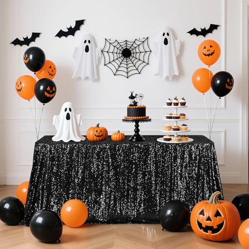 Black Sequin Tablecloth 90x156 Inch Rectangular Sparkly Fabric for Wedding Party