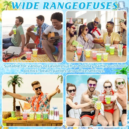 72 Summer Disposable Plastic Cups with Lids & Straws - Hawaiian Tropical Design