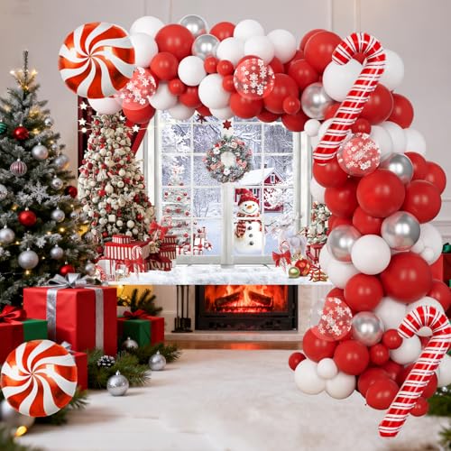 Red Christmas Balloon Arch Kit with Snow & Candy Cane Balloons & Backdrop