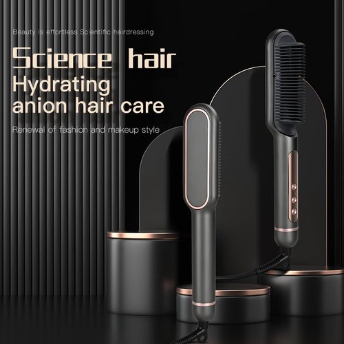 Hair Straightener Brush,Straightening Brush for Women with 5Temp Settings, Ring Hair Straightener Comb, 30s Fast Heating, 40 Million Level Anion, Negative Ions, LED Display, Dual Voltage