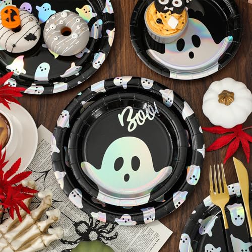 Iridescent Black Halloween Paper Plates Set - Ghost Boo 7 & 9 Inch Disposable Tableware