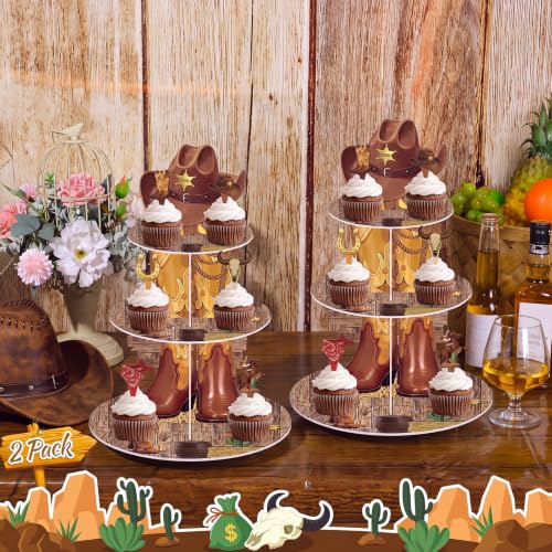 Cowboy Cupcake Stand with 24 Western Cake Toppers - Rustic 3 Tier Party Decor