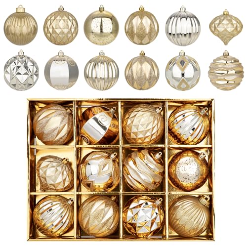 Christmas Ball Ornaments Set - 12 Shatterproof Plastic Decorations, Champagne, 100mm