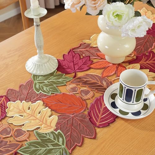Fall Table Runner with Embroidered Maple Leaves - 36 Inches Long - Red & Green