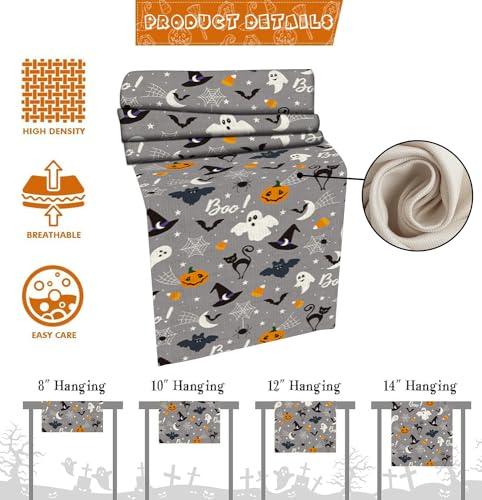 Halloween Table Runner Ghost Pumpkin Black Cat Burlap 13x72 Inch - Gray Halloween Characters