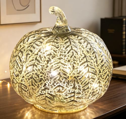 Mercury Glass Pumpkin Light with Timer - Silver Fairy Lights Halloween Fall Decor