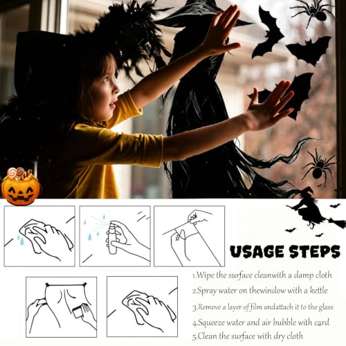 3 Extra Large Halloween Static Window Clings - Black Witch Spider Bat Silhouette Set