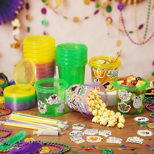 18 Pack 32 oz Mardi Gras Plastic Drink Buckets with Lids & Straws for Parties