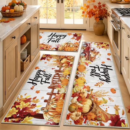Fall Kitchen Rug Set of 3 with Pumpkins & Leaves - Non Slip Washable Mats