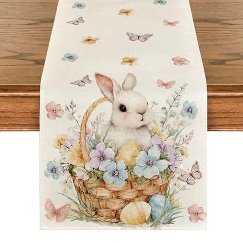 Easter Bunny Eggs Flowers Basket Table Runner 13x108 Inch Beige - Spring Kitchen Decor