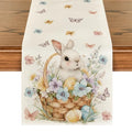 Easter Bunny Eggs Flowers Basket Table Runner 13x108 Inch Beige - Spring Kitchen Decor