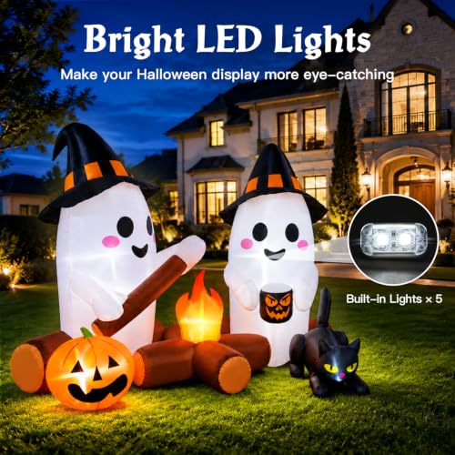 Halloween Inflatable Yard Decor with Ghost, Campfire & Lights - 7ft Outdoor Halloween Decorations