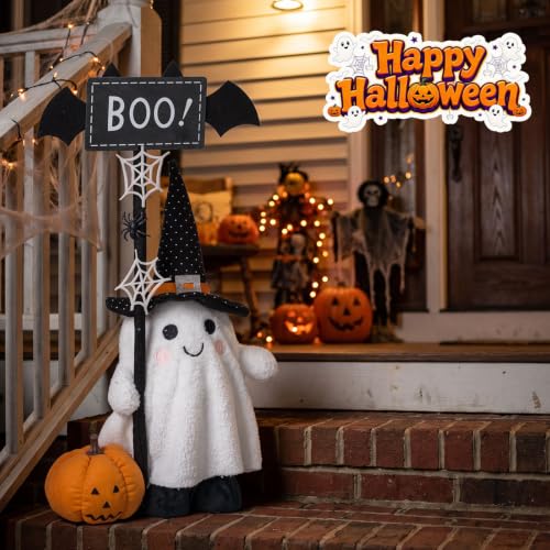 Halloween Ghost Plush Decor with Adjustable Sign and Pumpkin - Indoor Outdoor Welcome Ornament