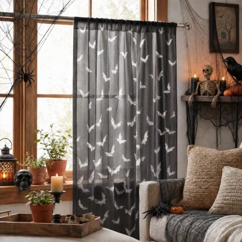 2 Pack Black Sheer Curtains for Windows 52x96 Inches - Bat Pattern, Halloween Decor