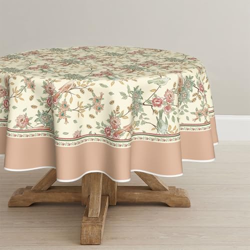 Round Floral Birds Tablecloth 90 Inch Pink - Durable Polyester Home Decor