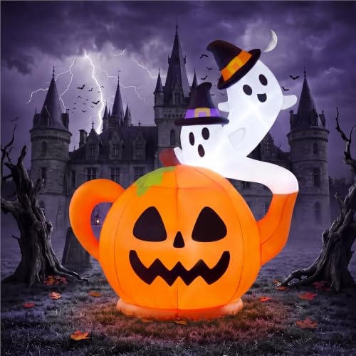 Halloween Inflatable Pumpkin Teapot with Ghosts, Lighted Yard Decor, 5ft Tall