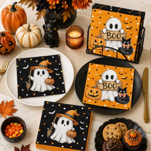 80 Pack Halloween Paper Napkins Ghost Pumpkin Cat Disposable Tableware