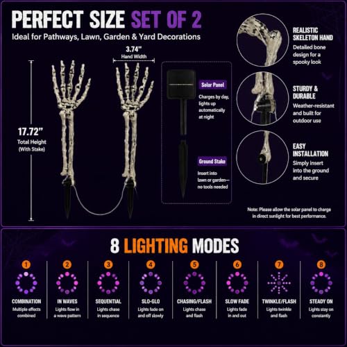Purple Solar Skeleton Hand Lights 2 Pack - Halloween Yard Stakes
