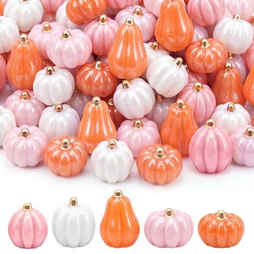 Mini Pink Resin Pumpkins for Crafts & Fall Decor - 100 Pieces, Variation Pink+White+Brown