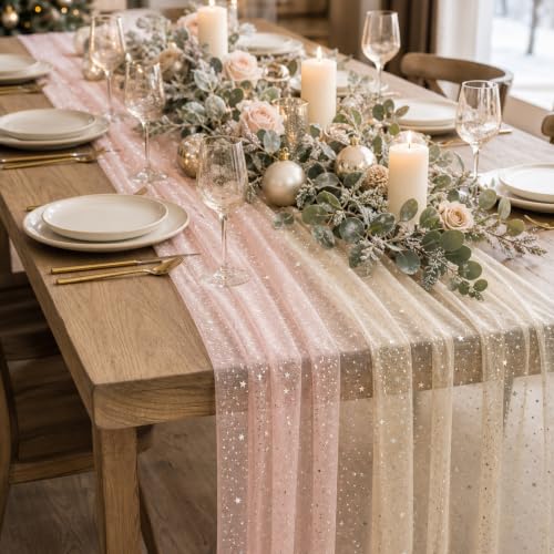 Champagne Pink Sequin Sheer Table Runner 28x120 Inch 6PCS Boho Wedding Party Decor