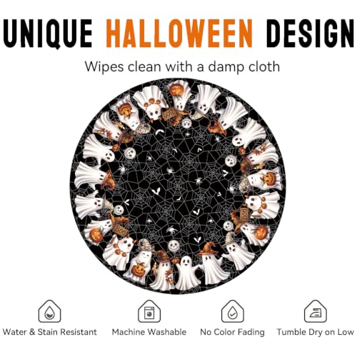 Halloween Ghost Black Round Tablecloth 70 Inch - Washable Fabric, Spider Web & Ghost Design