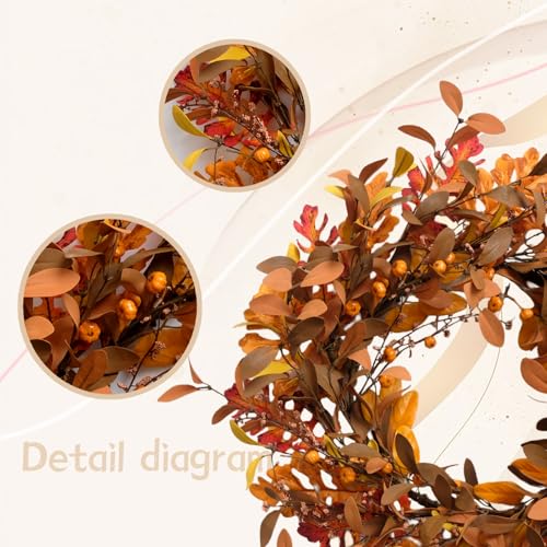 24-Inch Fall Wreath with Orange Pumpkins & Leaves - Handmade Autumn Door Decor