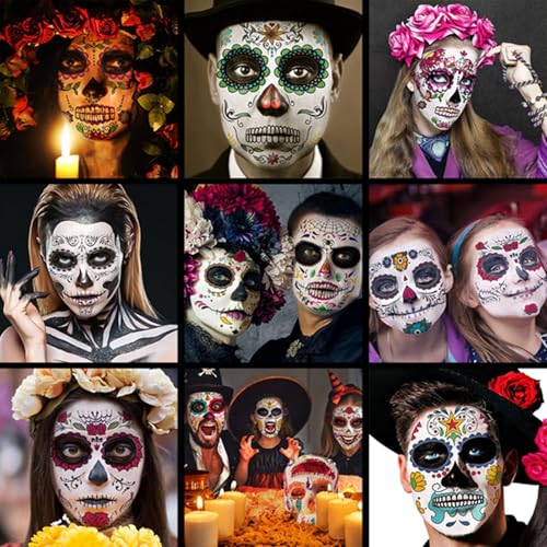 Halloween Temporary Face Tattoos Kit - 13 Pack Sugar Skull & Skeleton Designs