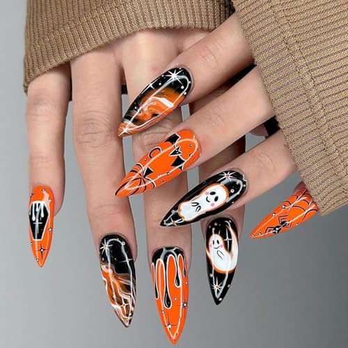 Halloween Press On Nails Long Ghost Bat Spider Pattern - Variation 14