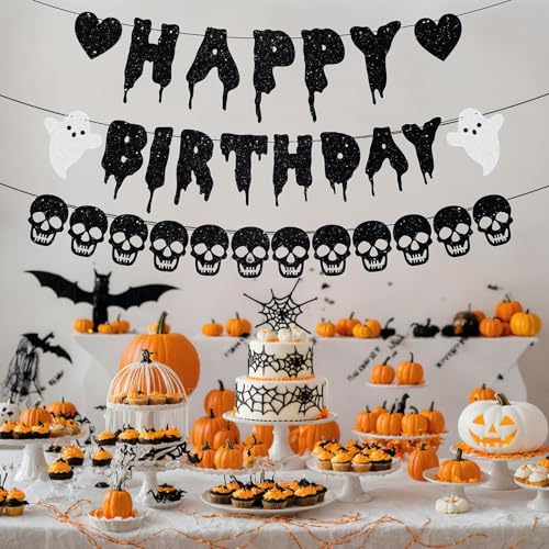 Black Glitter Halloween Birthday Banner & Skull Garland Set