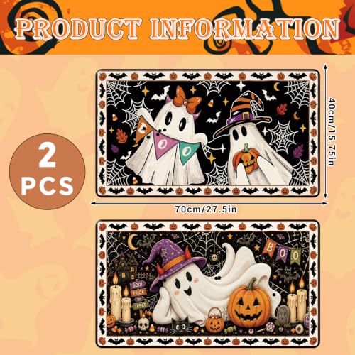 Halloween Door Mat Set of 2 - Non-Slip Cute Boo Ghost Doormats - Fall Decor