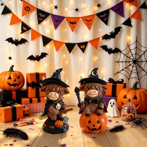 Halloween Highland Cow Figurines Set - Farmhouse Fall Decor, Rustic & Festive