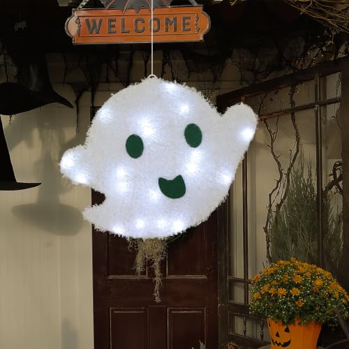 Halloween Hanging Ghost Lighted Decoration - White LED, 14.4 Inches, Auto Timer, Indoor Outdoor Use - White Ghost Variation