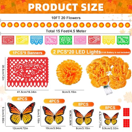 Artificial Marigold Garland Set with Lights for Day of the Dead & Festivals, 20Ft with Butterfly & Papel Picado