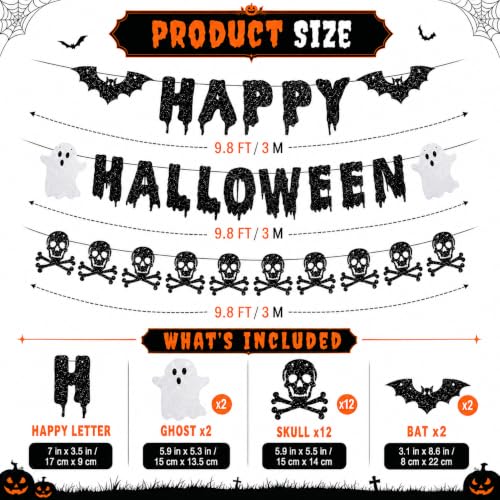 Halloween Banner Decorations with Bat Ghost Skull Glitter Pre-Strung Party Supplies