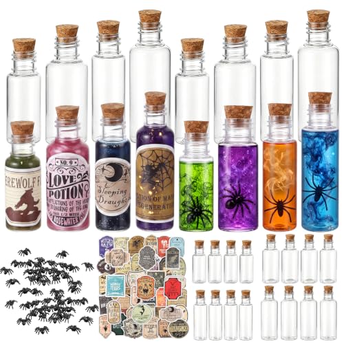 Halloween Potion Bottles Set - 24 Clear Plastic Bottles with Corks & Decorations