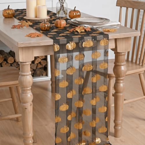 Fall Gauze Table Runner 120 Inch with Metallic Foil Pumpkin Black Gold - Artoid Mode