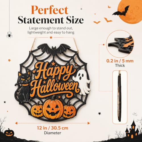 Halloween Door Sign - Wooden Spider Web Welcome Hanger with Ghost, Black Cat & Pumpkins - Farmhouse Fall Decor - Happy Halloween Variation