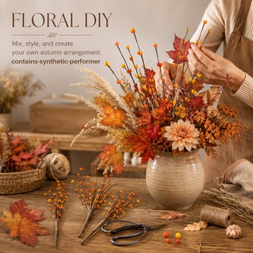 Fall Berry Stems Faux Autumn Flowers with Orange Yellow Berries - Rustic Fall Decor
