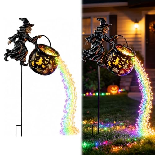 Outdoor Witch Cauldron Halloween Garden Light with Cascading Rainbow LEDs