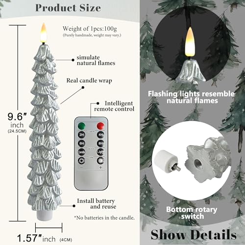 Silver Flameless Christmas Tree Candles Set with Remote & Timer - Real Wax, 9.8 Inch, 2 Pack