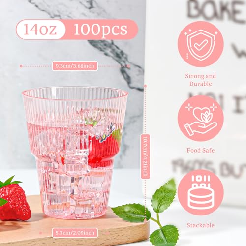 Pink Plastic Ribbed Wine Glasses 14 oz Disposable Cocktail Tumblers 100 Pack