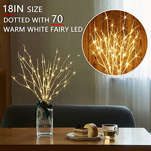 Lighted Birch Branches 18IN with White LED & Timer - Battery Operated for Holiday Decor - White Branches with White Lights