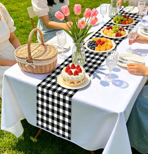 Black Gingham Table Runner - 6 Pcs Disposable Checkered Tablecloths 14x108 Inches - Party & Picnic Decor