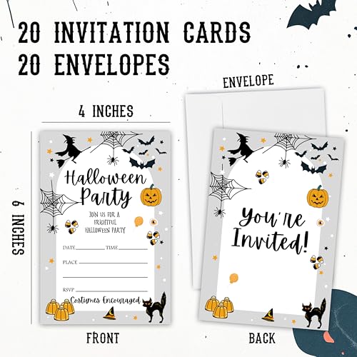 Halloween Party Invitations with Envelopes - Spider Web Pumpkin Black Cat - Black & White, Fill-In Style, Pack of 20