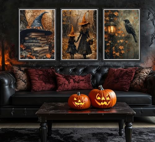 Halloween Canvas Wall Art Set - 3 Pieces 24x16 Inches Gothic Witch Books Crow Autumn Decor