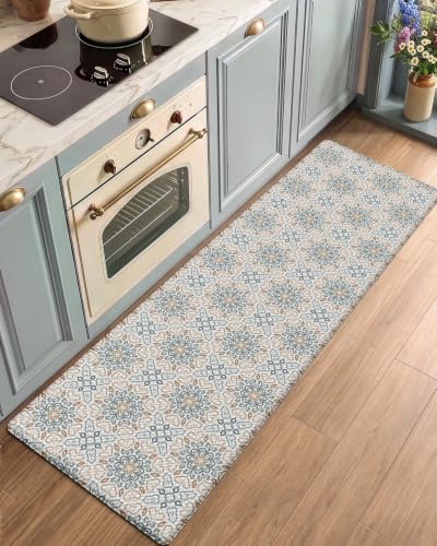Anti-Fatigue Kitchen Floor Mat 24x59 Inches - Beige & Blue, Cushioned Comfort