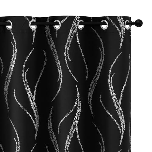 Blackout Curtains with Silver Wave Pattern, 42x72 Inches, Pack of 2 - Room Darkening Drapes for Living Room & Bedroom