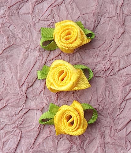 50 Pcs Satin Roses with Green Leaves for DIY Crafting Sewing - Yellow
