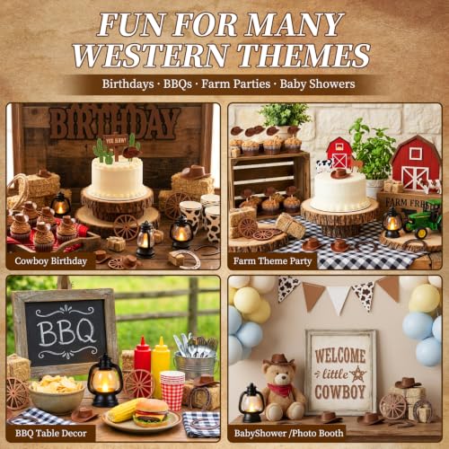 Western Cowboy Party Decorations Set - Rustic Table Centerpieces with LED Lanterns, Hats, Horseshoes, Wagon Wheels & Hay Bales, 40 pcs