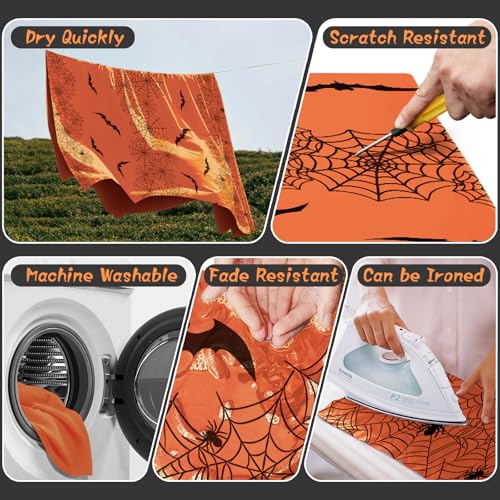 Halloween Spider Web Bat Tablecloth 60x104 Inch Rectangular Orange Washable Decor